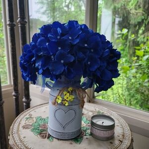 Blue Floral Hydrangea Arrangement in Heart-Embellished Vase